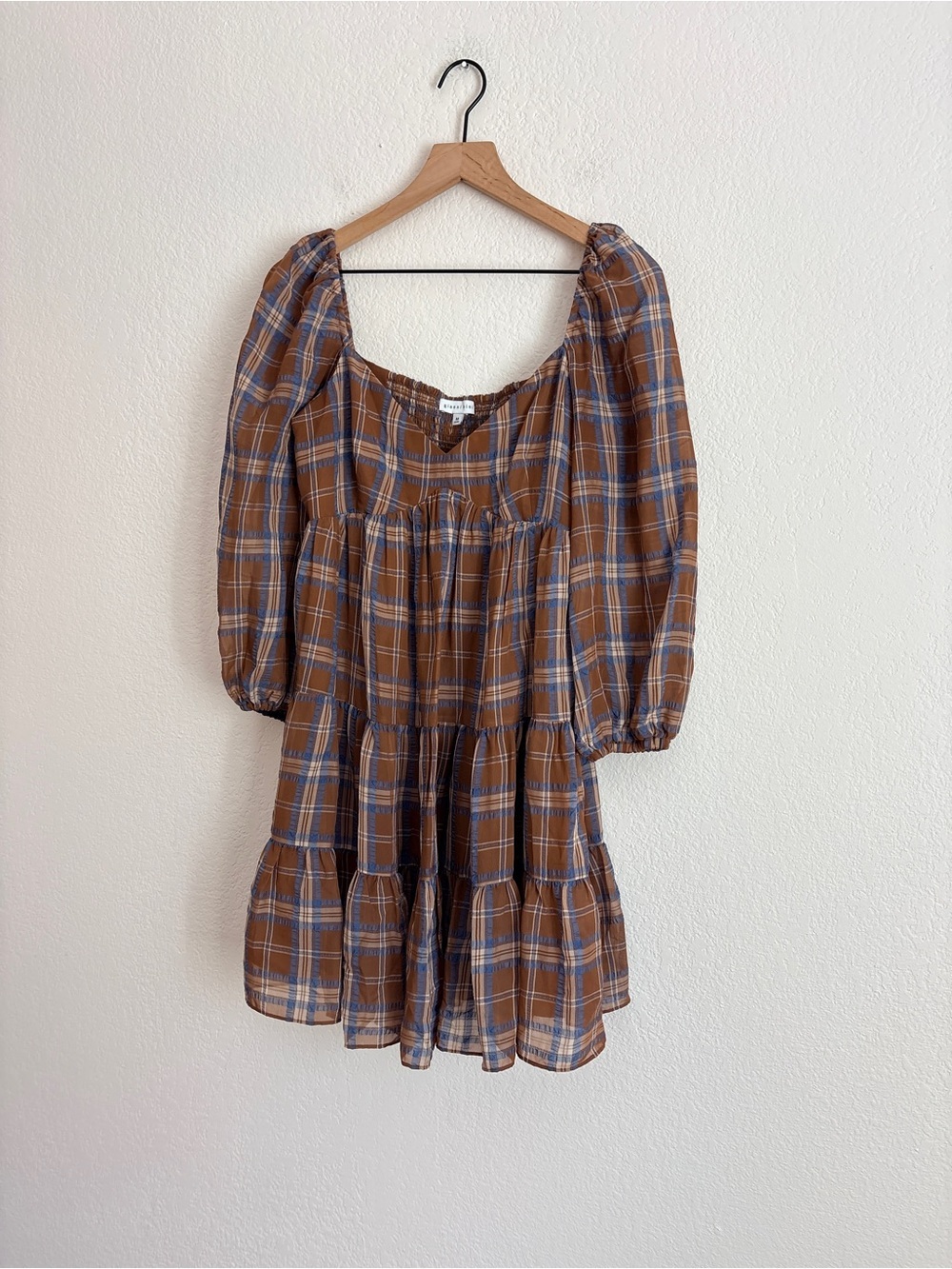 Gianni Bini Fall Plaid Puff-Sleeve Tiered Mini Dress Brown - Picture 3 of 11